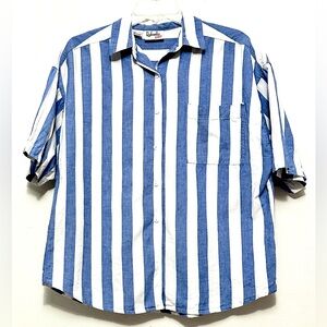 Rafaella Sport Striped Collared Dress Shirt Button Up White Blue Short Sleeve 12